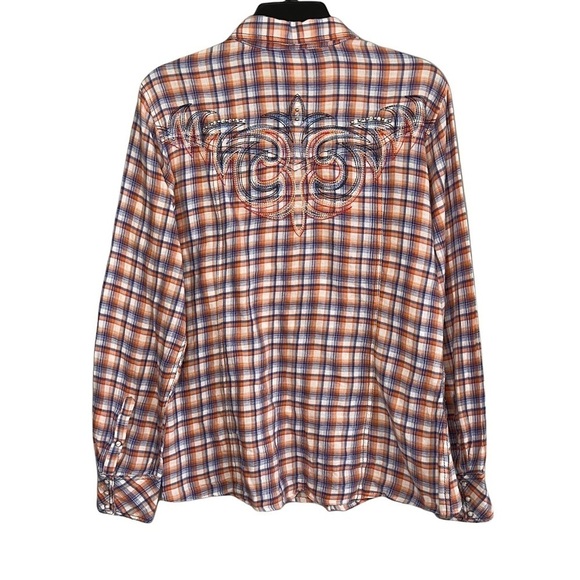 Ariat Blue Orange Plaid Embroidered Back Long Sleeve Button Down Shirt Size L - Picture 2 of 7